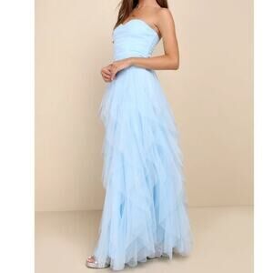 Lulus NWOT Delightful Beauty Blue Mesh Strapless Ruched Ruffled Maxi Dress